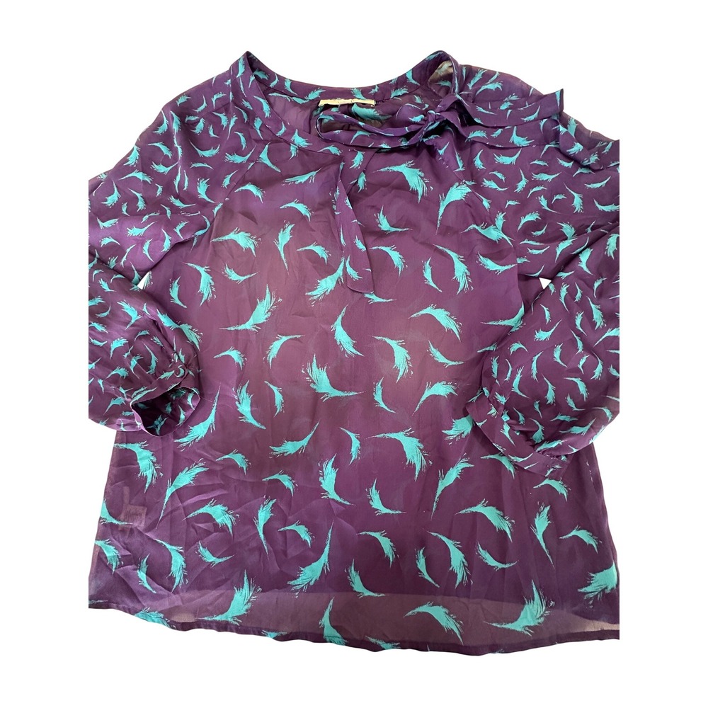 LOFT Womens Purple Turquoise Feather Print‎ Bow Neck Blouse Top Size M
